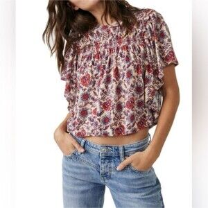 Free People Rikki Pink Purple Floral Smocked Flare Top XS (Bx30)